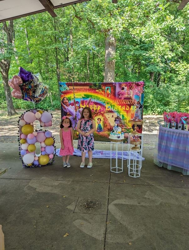 Park pavilion birthday setup with rainbow backdrop and balloon number